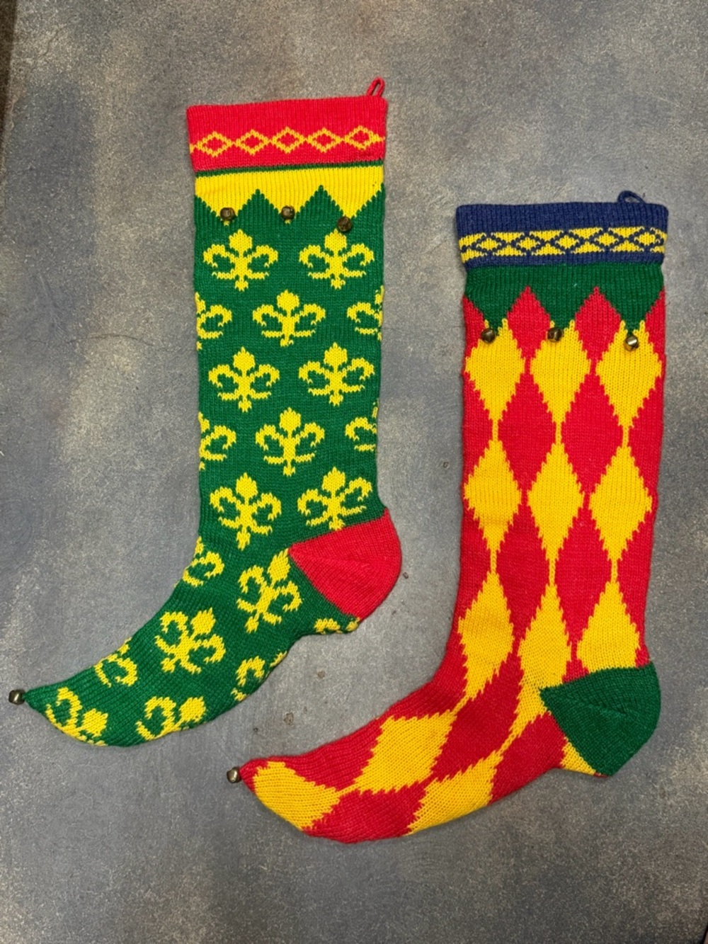 VTG Knit Christmas Elf Stockings 24" Fleur de Lis Harlequin Argyle Bells Wool